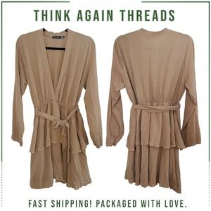 Boohoo Women's Long Sleeve Wrinkle Tiered Belted Mini Dress Brown 18